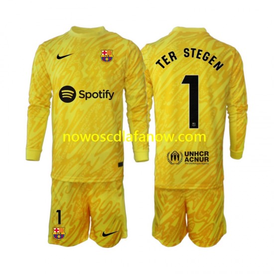 Koszulka FC Barcelona Ter Stegen 1 Bramkarskie Dziecięca Wyjazdowy Komplet 2024-2025 Długie Rękawy