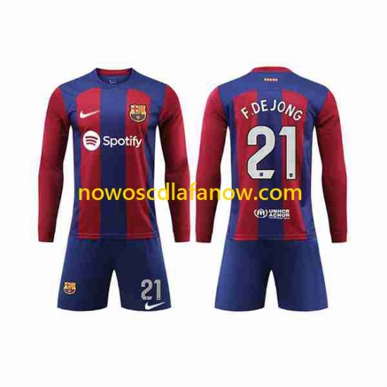 Koszulka FC Barcelona Frenkie de Jong 21 Dziecięca Domowy Komplet 2023-2024 Długie Rękawy
