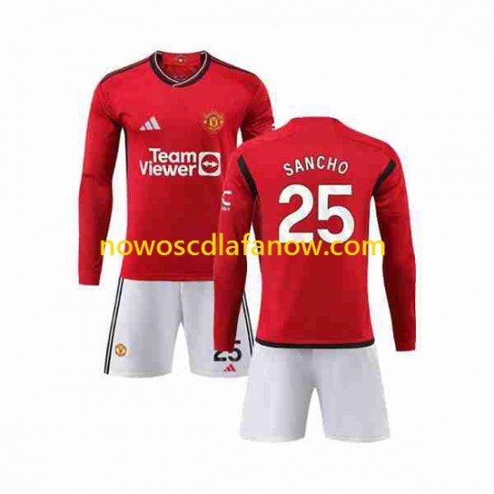 Koszulka Manchester United Sancho 25 Dziecięca Domowy Komplet 2023-2024 Długie Rękawy